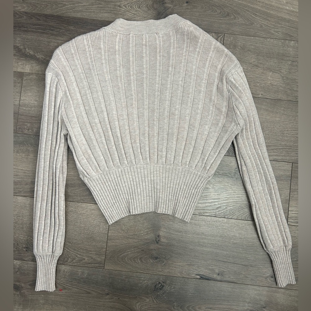 Ribbed Beige Cropped Cardigan Button Up Sweater - Picture 4 of 4